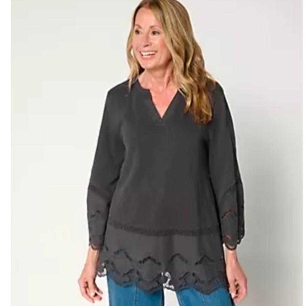 LOGO Lavish Lori Goldstein Gray Cotton Lace Eyelet Tunic Top Women's Size 1X